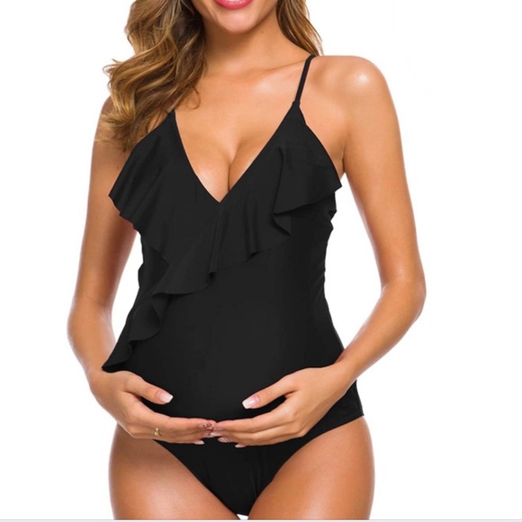 Other - Maternity Swimsuit Ruffle Flounce Falbala Halter Monokini Black Deep V Neck